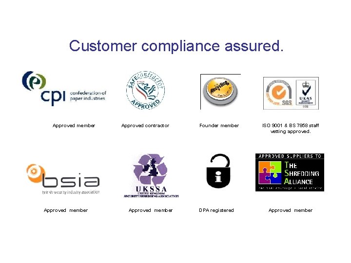 Customer compliance assured. Approved member Approved contractor Approved member Founder member DPA registered ISO