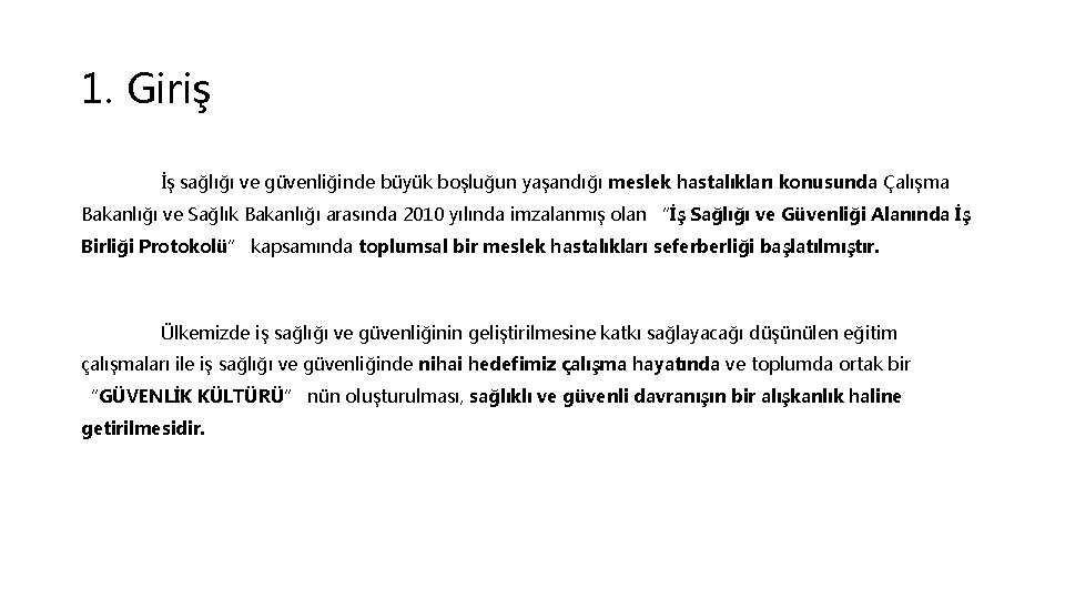 1. Giriş İş sağlığı ve güvenliğinde büyük boşluğun yaşandığı meslek hastalıkları konusunda Çalışma Bakanlığı