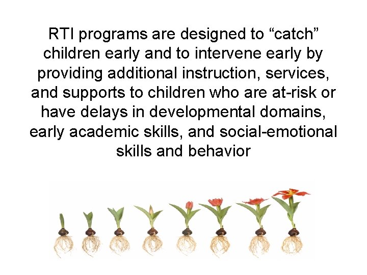 RTI programs are designed to “catch” children early and to intervene early by providing RTI programs are designed to “catch” children early and to intervene early by providing