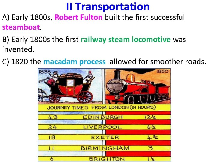 II Transportation A) Early 1800 s, Robert Fulton built the first successful steamboat. B) II Transportation A) Early 1800 s, Robert Fulton built the first successful steamboat. B)