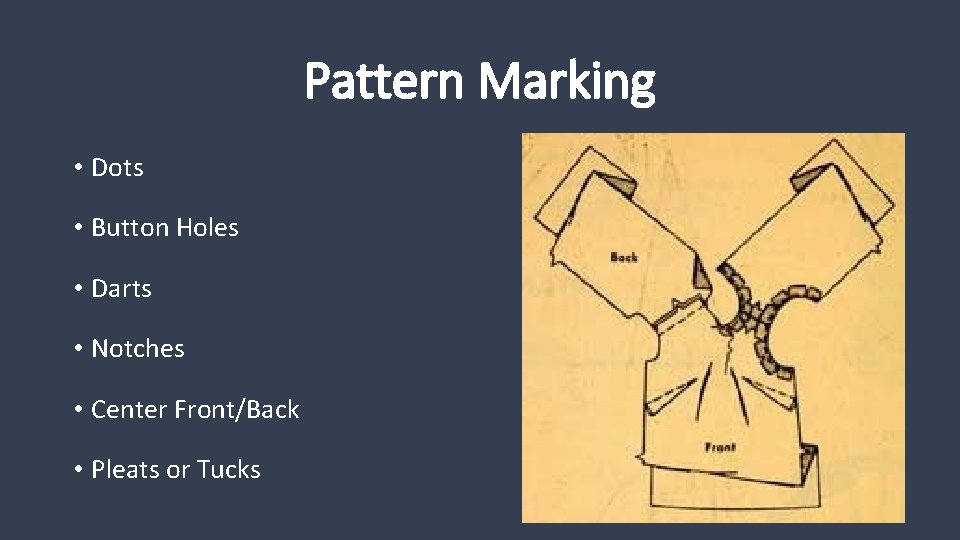 Pattern Marking • Dots • Button Holes • Darts • Notches • Center Front/Back