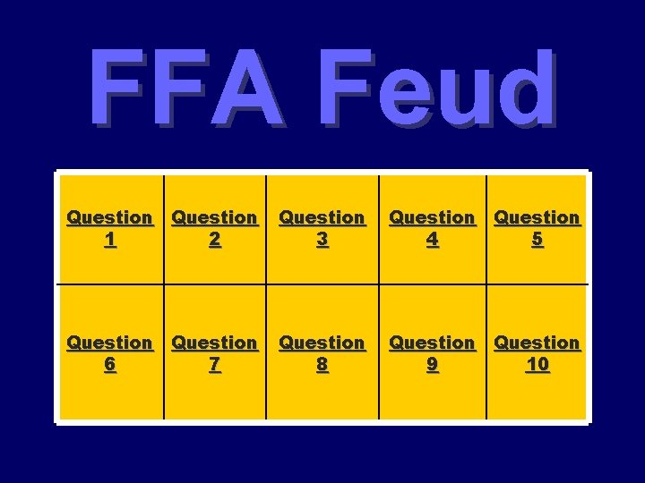 FFA Feud Question 1 2 Question 3 Question 4 5 Question 6 7 Question