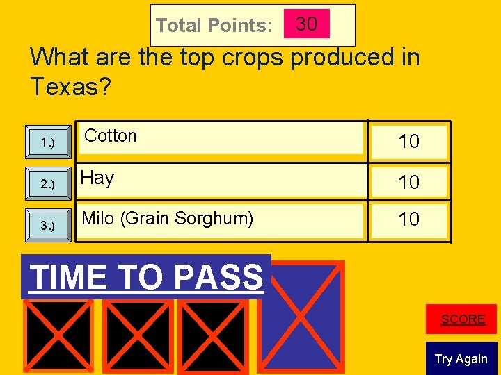 Total Points: 30 What are the top crops produced in Texas? Cotton 10 2.