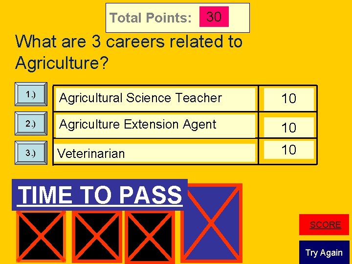 Total Points: 30 What are 3 careers related to Agriculture? 1. ) Agricultural Science