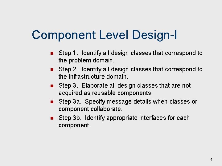 Component Level Design-I n n n Step 1. Identify all design classes that correspond