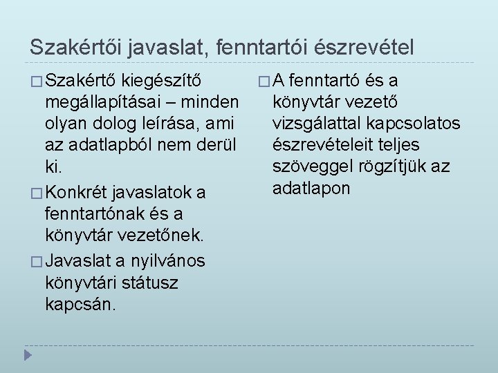 Szakértői javaslat, fenntartói észrevétel � Szakértő kiegészítő megállapításai – minden olyan dolog leírása, ami