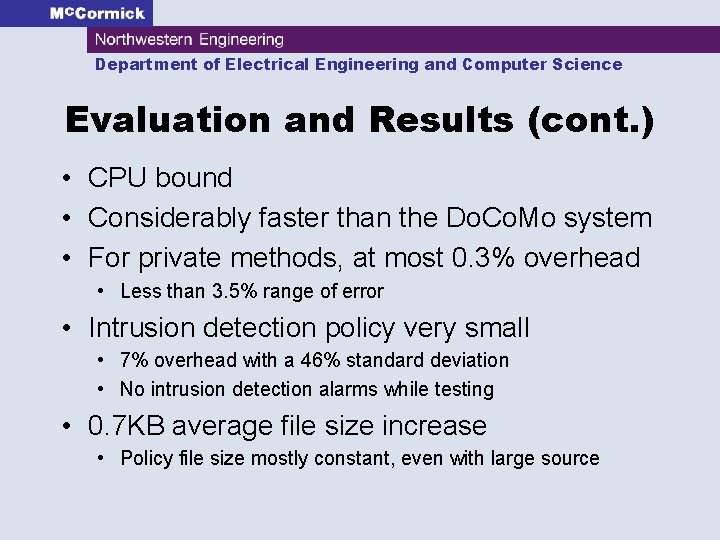 Department of Electrical Engineering and Computer Science Evaluation and Results (cont. ) • CPU