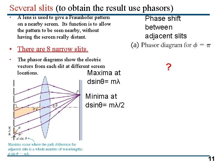 Several slits (to obtain the result use phasors) • A lens is used to Several slits (to obtain the result use phasors) • A lens is used to