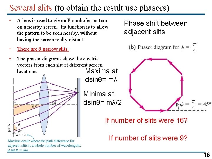 Several slits (to obtain the result use phasors) • A lens is used to Several slits (to obtain the result use phasors) • A lens is used to