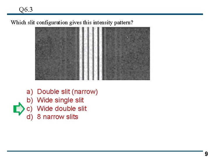 Q 6. 3 Which slit configuration gives this intensity pattern? a) b) c) d) Q 6. 3 Which slit configuration gives this intensity pattern? a) b) c) d)