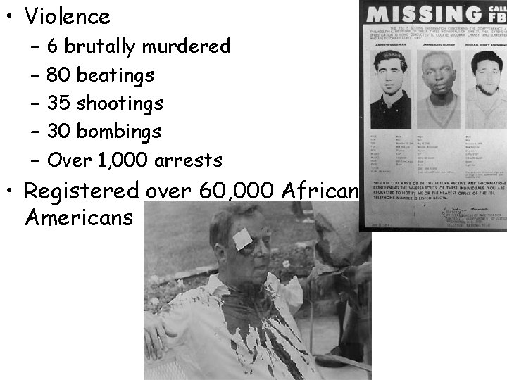  • Violence – – – 6 brutally murdered 80 beatings 35 shootings 30