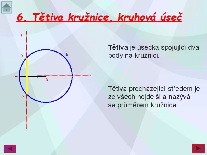 6. Tětiva kružnice, kruhová úseč a k O r P Tětiva je úsečka spojující