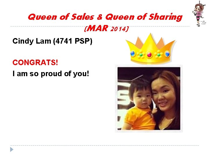 Queen of Sales & Queen of Sharing (MAR 2014) Cindy Lam (4741 PSP) CONGRATS!