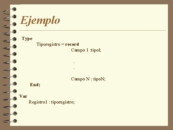 Ejemplo Type Tiporegistro = record Campo 1 : tipol; . . Campo N :