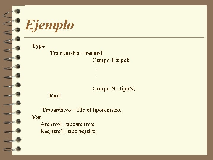 Ejemplo Type Tiporegistro = record Campo 1 : tipol; . . Campo N :