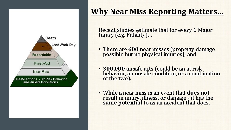 Why Near Miss Reporting Matters… Recent studies estimate that for every 1 Major Injury