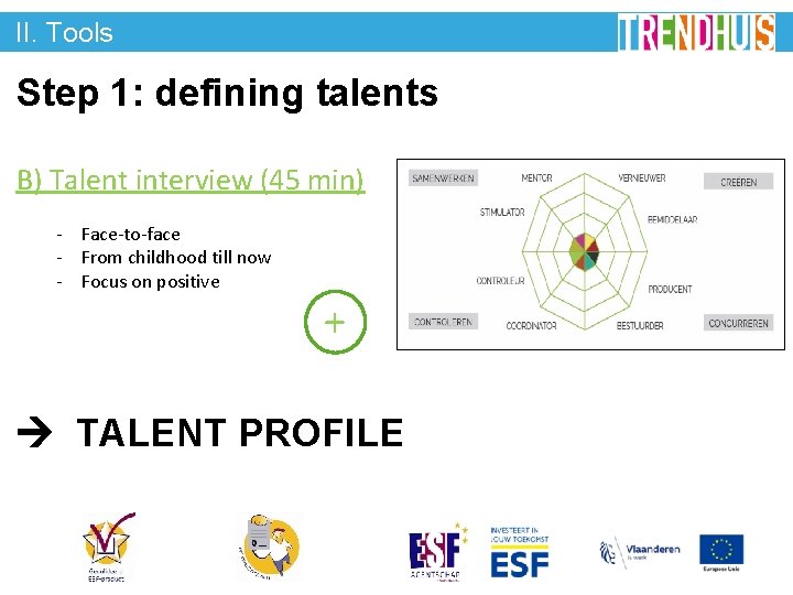 II. Tools Step 1: defining talents B) Talent interview (45 min) - Face-to-face -