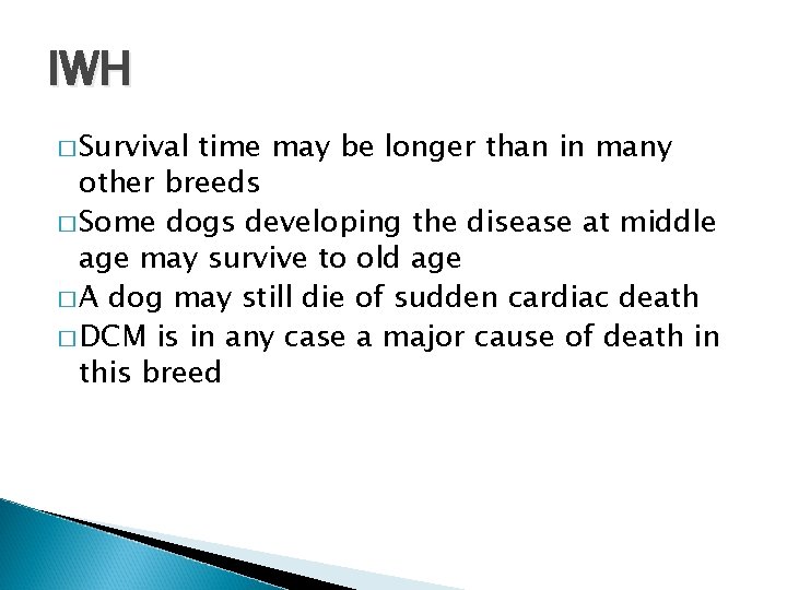 IWH � Survival time may be longer than in many other breeds � Some