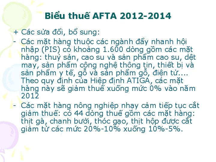 Biểu thuế AFTA 2012 -2014 + Các sửa đổi, bổ sung: - Các mặt