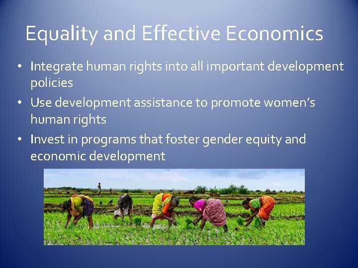 Equality and Effective Economics • Integrate human rights into all important development policies •