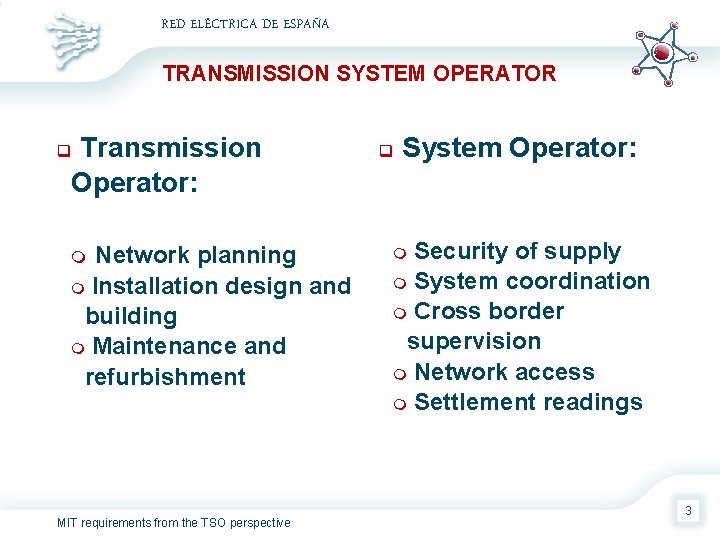 RED ELÉCTRICA DE ESPAÑA TRANSMISSION SYSTEM OPERATOR Transmission Operator: q Network planning m Installation