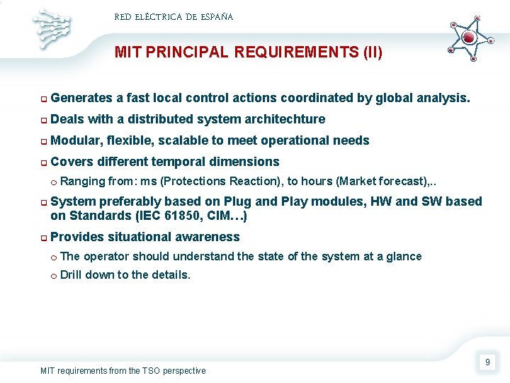 RED ELÉCTRICA DE ESPAÑA MIT PRINCIPAL REQUIREMENTS (II) q Generates a fast local control