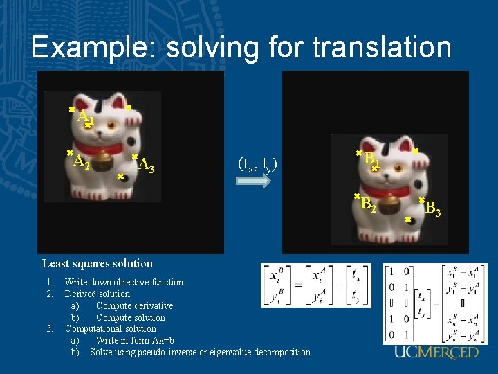 Example: solving for translation A 1 A 2 A 3 (tx, ty) B 1