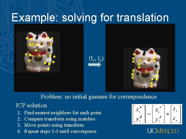 Example: solving for translation (tx, ty) Problem: no initial guesses for correspondence ICP solution