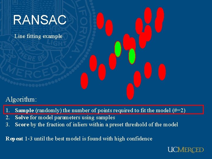 RANSAC Line fitting example Algorithm: 1. Sample (randomly) the number of points required to