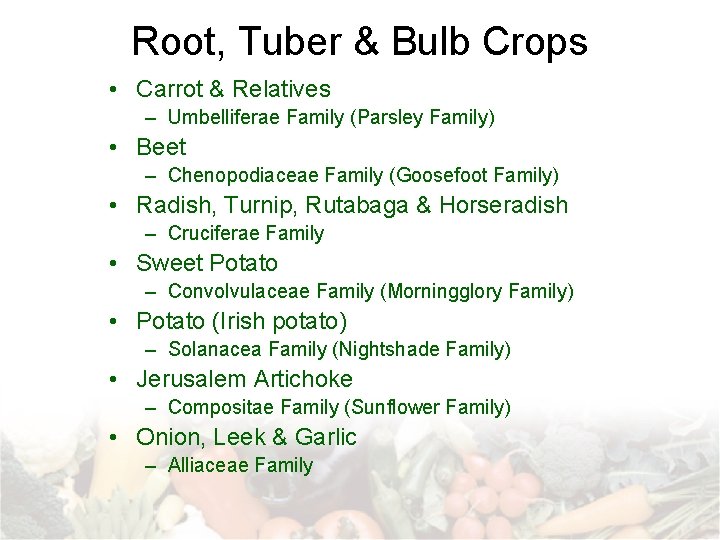 Root, Tuber & Bulb Crops • Carrot & Relatives – Umbelliferae Family (Parsley Family)
