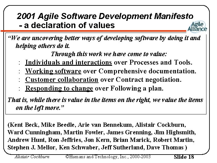 2001 Agile Software Development Manifesto - a declaration of values “We are uncovering better