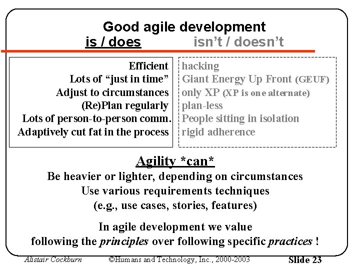 Good agile development is / does isn’t / doesn’t Efficient Lots of “just in