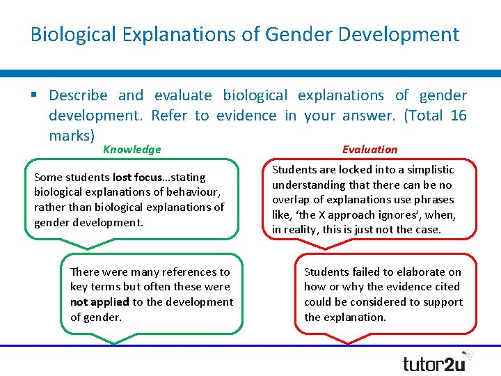 Biological Explanations of Gender Development § Describe and evaluate biological explanations of gender development. Biological Explanations of Gender Development § Describe and evaluate biological explanations of gender development.