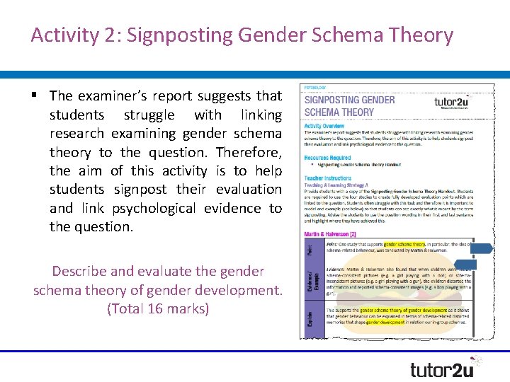Activity 2: Signposting Gender Schema Theory § The examiner’s report suggests that students struggle Activity 2: Signposting Gender Schema Theory § The examiner’s report suggests that students struggle