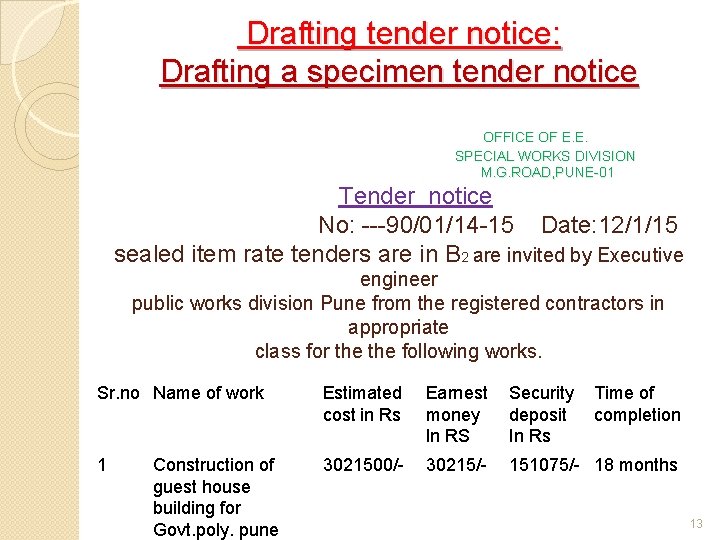 Drafting tender notice: Drafting a specimen tender notice OFFICE OF E. E. SPECIAL WORKS