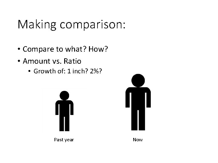 Making comparison: • Compare to what? How? • Amount vs. Ratio • Growth of: