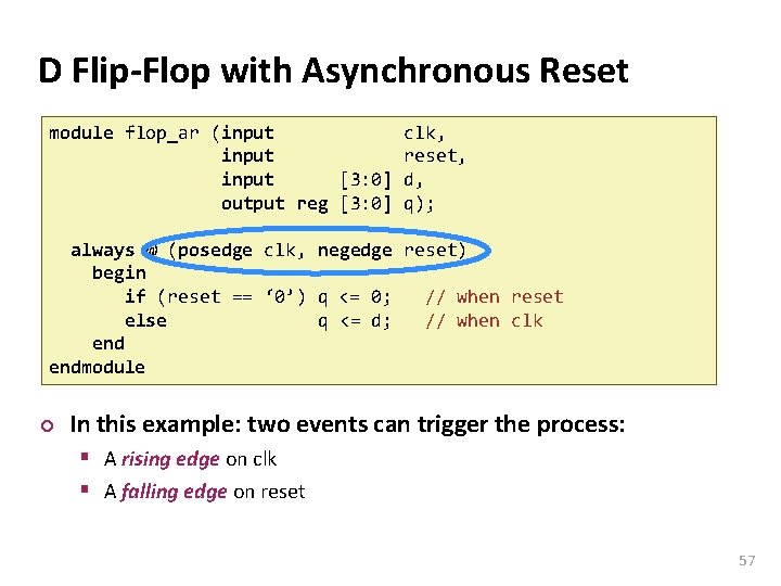 Carnegie Mellon D Flip-Flop with Asynchronous Reset module flop_ar (input clk, input reset, input