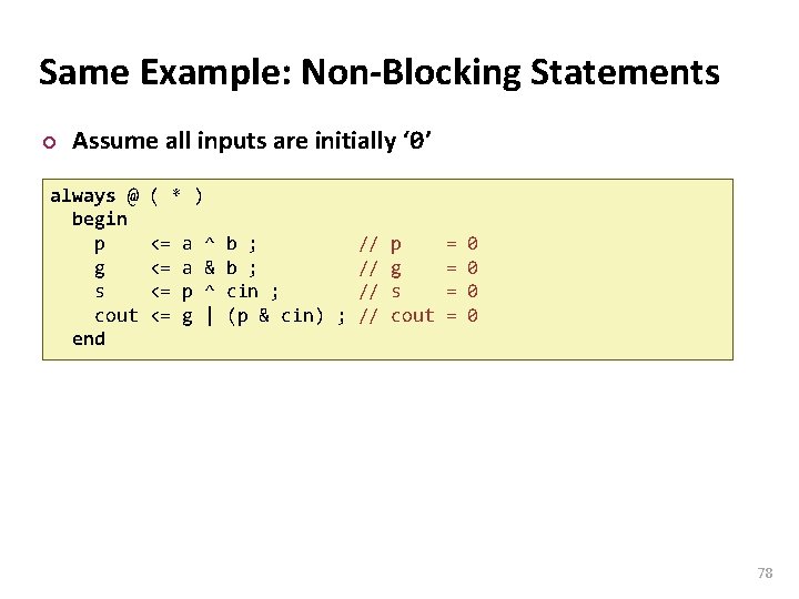 Carnegie Mellon Same Example: Non-Blocking Statements ¢ Assume all inputs are initially ‘ 0’