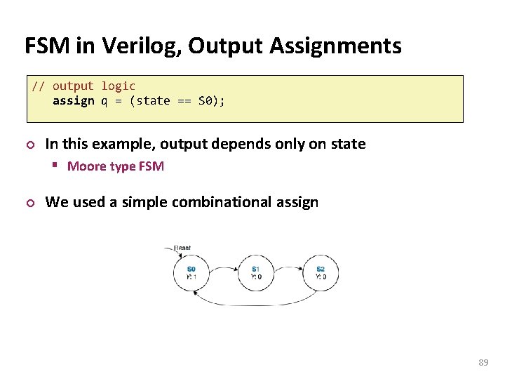 Carnegie Mellon FSM in Verilog, Output Assignments // output logic assign q = (state