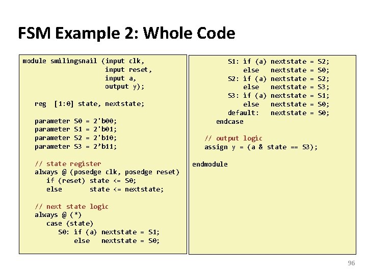 Carnegie Mellon FSM Example 2: Whole Code module smilingsnail (input clk, input reset, input