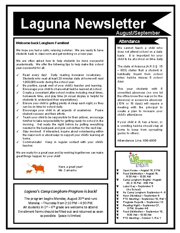 Laguna Newsletter August/September Welcome back Longhorn Families! We hope you had a calm, relaxing