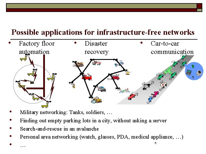 Possible applications for infrastructure-free networks • Factory floor automation • • • Military networking: