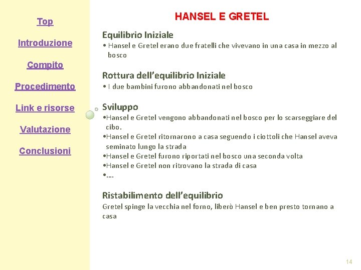 HANSEL E GRETEL Top Introduzione Compito Procedimento Link e risorse Valutazione Conclusioni Equilibrio Iniziale