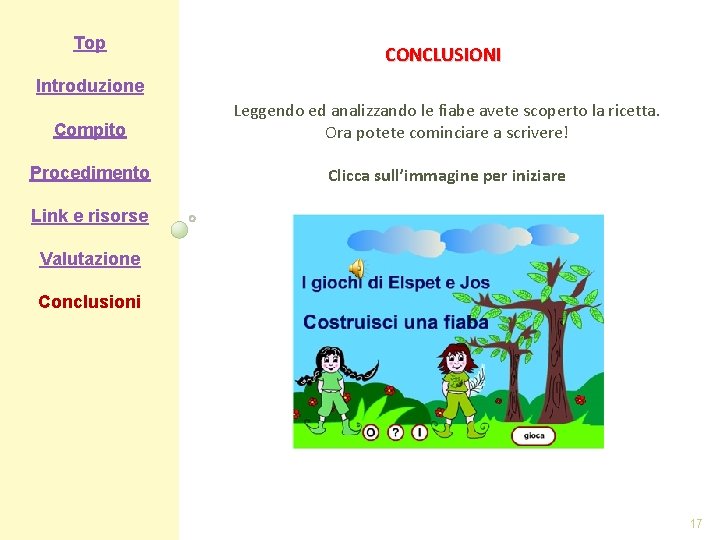 Top CONCLUSIONI Introduzione Compito Leggendo ed analizzando le fiabe avete scoperto la ricetta. Ora