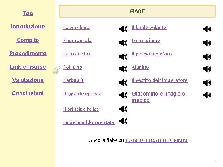 FIABE Top Introduzione La vecchina Il baule volante Compito Raperonzola Le tre piume Procedimento