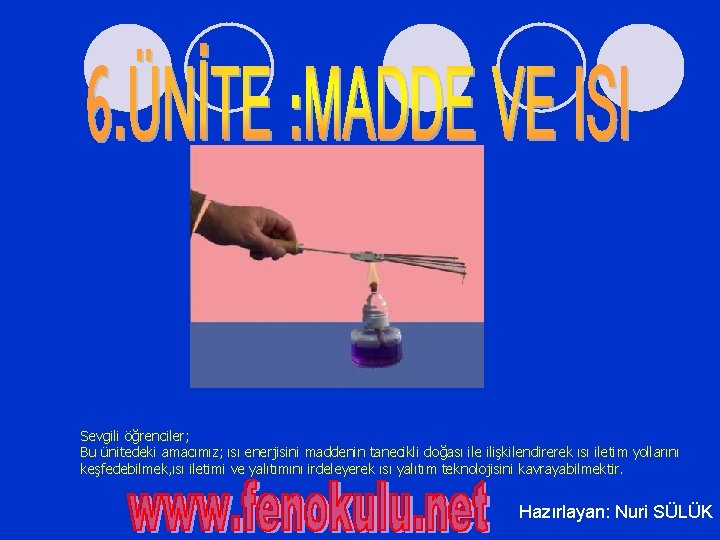 Sevgili öğrenciler; Bu ünitedeki amacımız; ısı enerjisini maddenin tanecikli doğası ile ilişkilendirerek ısı iletim