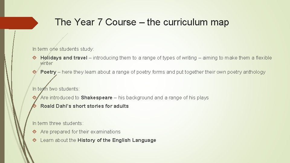 The Year 7 Course – the curriculum map In term one students study: Holidays