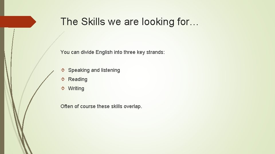 The Skills we are looking for… You can divide English into three key strands: