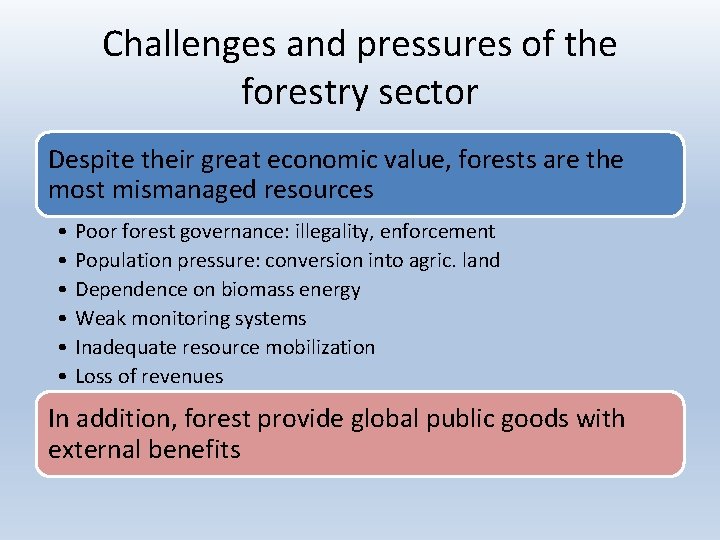 Challenges and pressures of the forestry sector Despite their great economic value, forests are Challenges and pressures of the forestry sector Despite their great economic value, forests are