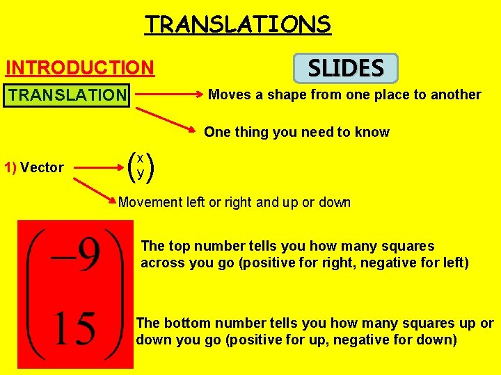 TRANSLATIONS INTRODUCTION TRANSLATION SLIDES Moves a shape from one place to another One thing